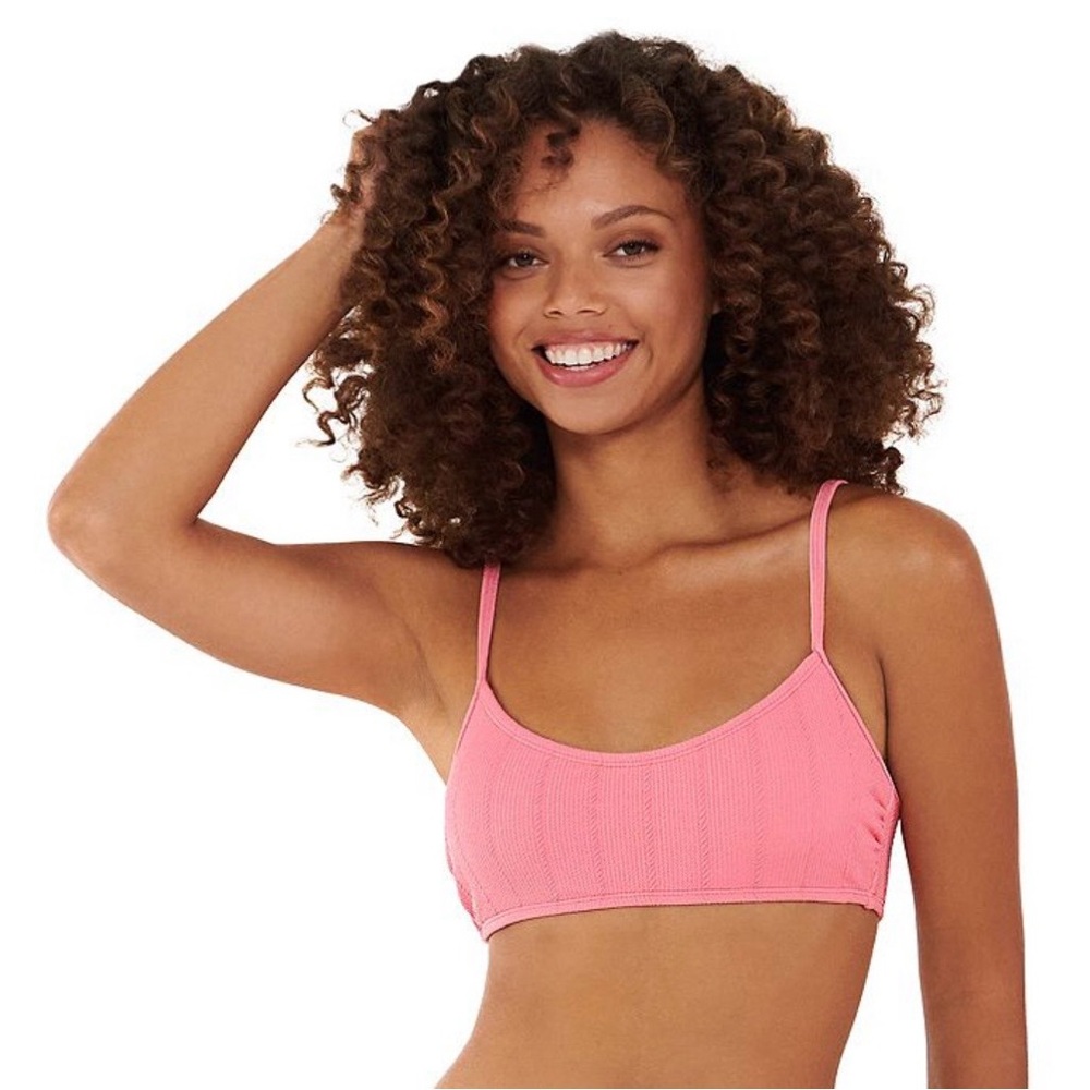 Ninety Nine Juniors M Bralette Swim Top Pink Plumeria Crinkle Adjustable Straps